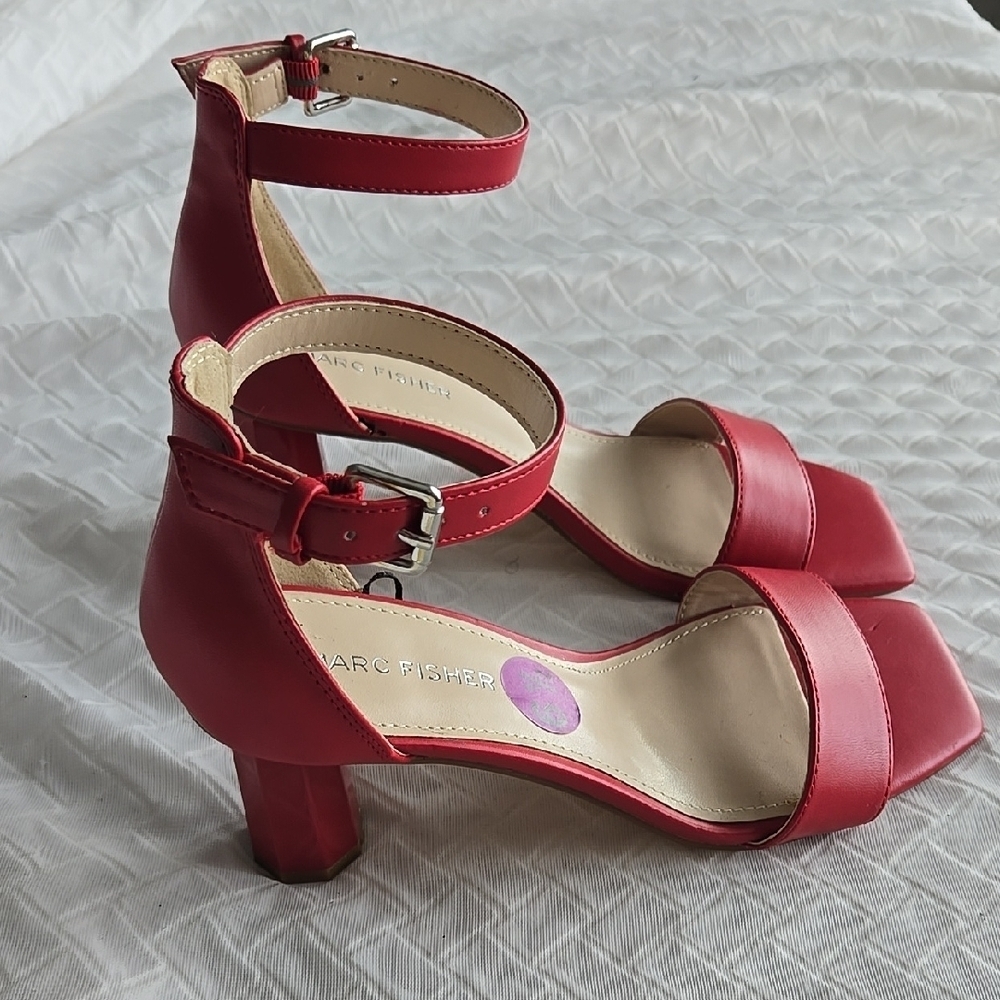 Marc Fisher Korita Women's Red Ankle Strap Funky Heeled Sandals Summer Shoes